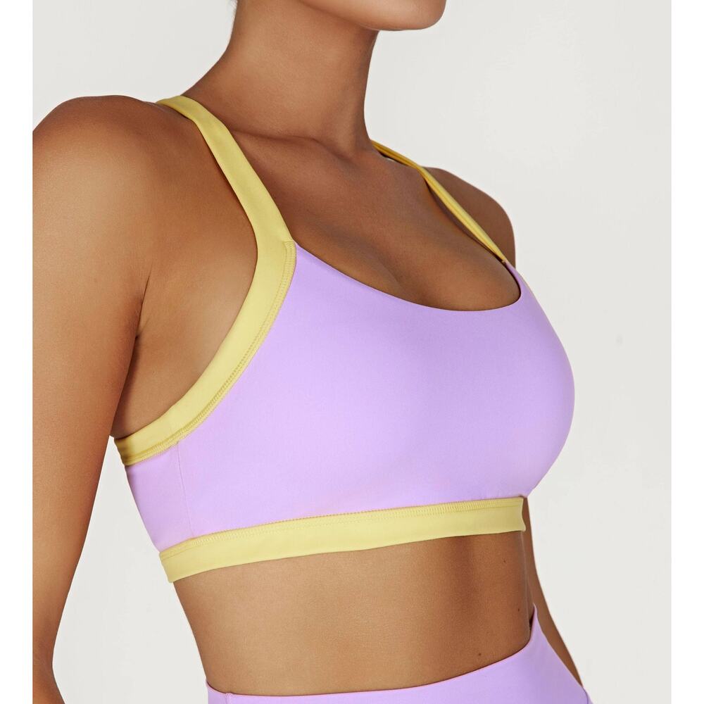 MESHKI Becca Two Tone Lilac & Yellow Workout Set Sports Bra & Biker Shorts EUC - Picture 3 of 16